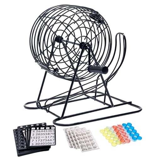 Tuxxjzm Bingo-Spiel-Set mit Metall-Bingo-Käfig-Spinner, Bingo-Lotterie-Maschine, Bingo-Bälle, 18 Papierkarten, Deluxe-Lotterie-Ball-Maschine, Bingo-Spiele für Erwachsene, große Gruppe von Tuxxjzm