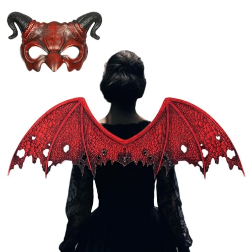 Tuxxjzm Devil Costume Wings - Non-Woven Devil Cosplay Wing with Half Face Cover - Red Set, Costume Accessories, Photography Prop for Adults and Kids Party Cosplay von Tuxxjzm