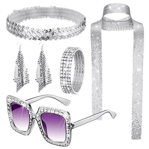 Tuxxjzm Disco-Schmuck für Frauen 70er Jahre,70er-Jahre-Schmuck für Frauen | 70er-Jahre-Tanzparty-Kostümzubehör,Halskette, Armbänder, Rock-Sonnenbrille, Ohrringe, Paillettenschal und Stirnband für von Tuxxjzm