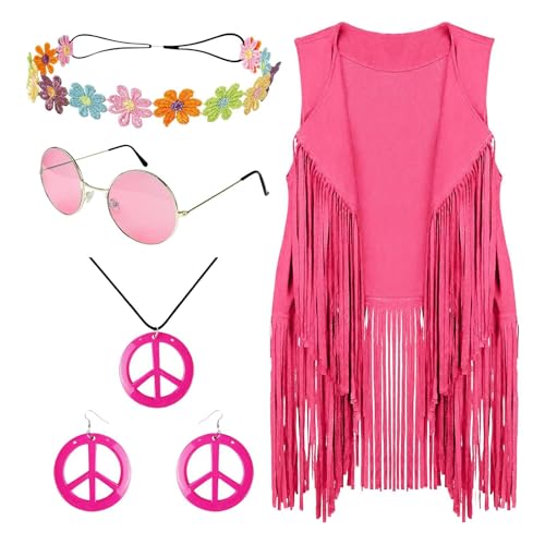 Tuxxjzm Halloween Karneval Damen Hippie Kostüm Set | Damen Kostüme - Hippie Accessoires Disco Outfits Mode Fransen Detail für Hippie Partys von Tuxxjzm