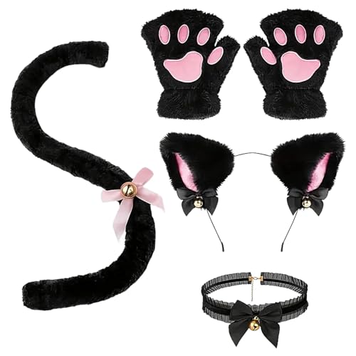 Tuxxjzm Katzenkostümzubehör,Katzenohren- und Schwanzset,Katzenohr-Haarspange, Glöckchenhalsband | Par -Kleidungsset, Cosplay-Zubehör für Anime-Cosplay, Kostümparty, Karneval von Tuxxjzm