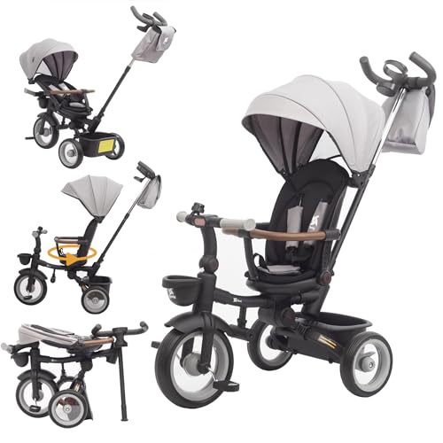 Twinly - Evolutionäres Dreirad für Babys, Sami, faltbar, mit drehbarem Sitz, um 360 Grad drehbar, 2 Jahre – Kinderwagen, Lauflernspielzeug, 1-5 Jahre oder 25 kg – Licht, ausziehbares Verdeck (Grey) von Twinly