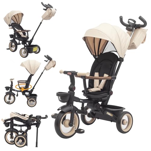 Twinly - Evolutionäres Dreirad für Babys, Sami, faltbar, mit drehbarem Sitz, um 360 Grad drehbar, 2 Jahre – Kinderwagen, Lauflernspielzeug, 1-5 Jahre oder 25 kg – Licht, ausziehbares Verdeck (Beige) von Twinly