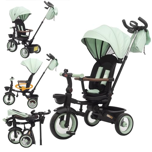 Twinly - Evolutionäres Dreirad für Babys, Sami, faltbar, mit drehbarem Sitz, um 360 Grad drehbar, 2 Jahre – Kinderwagen, Lauflernspielzeug, 1-5 Jahre oder 25 kg – Licht, ausziehbares Verdeck (Green) von Twinly