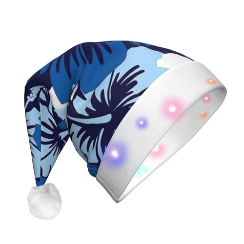 TyEdee Blauer Hibiskus-Druck, Weihnachtsmann-Hut, LED-beleuchteter Hut, Weihnachtsmütze für Erwachsene, Weihnachtsparty-Hut, geeignet für Neujahrspartys von TyEdee