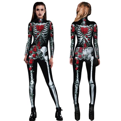 Tyafzzn Halloween Kostüm Damen Skelett, Faschingskostüme Skelett, Skelett Jumpsuit, Skelett Body Damen, Skeleton Costume, Halloween Skelett Overall für Halloween Party, Karneval Cosplay (Schwarz) L von Tyafzzn