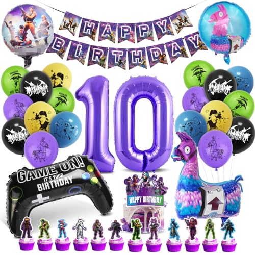 Deko Geburtstag Junge 10 Jahre, Luftballon 10. Geburtstag Gaming Party, Zahl 10 Folienballon Violett Schwarz, Luftballons Girlanden Geburtstag Banner Set für Kindergeburtstag Party Dekoration von Tydeus