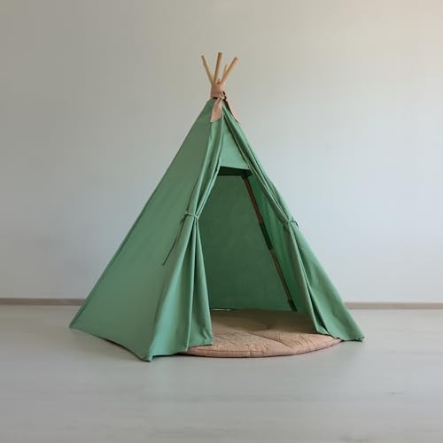 Teepee Tent - Montessori Style, Natural Materials, Warm Floor Mat Included - Ideal for Children's Room (Green and Brown) von Tygra