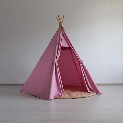 Children's Teepee Tent - Montessori Style, Natural Materials, Warm Floor Mat Included - Ideal for Children's Room Pink and brown von Tygra