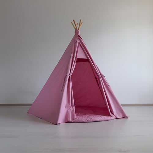 Children's Teepee Tent - Montessori Style, Natural Materials, Warm Floor Mat Included - Ideal for Children's Room Pink von Tygra