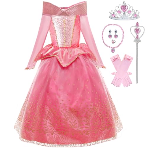 Tyidalin Mädchen Prinzessin Aurora Kleid Kinder Dornröschen Kostüm Geburtstag Party Weihnachten Halloween Karneval Cosplay, Rosa mit Zubehör, 104-110(Etikett 110) von Tyidalin