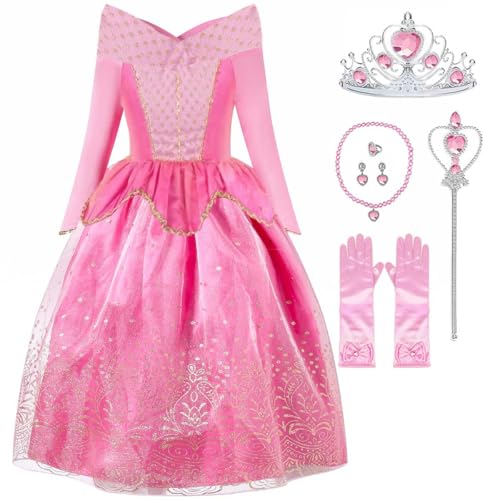 Tyidalin Mädchen Prinzessin Aurora Kleid Kinder Dornröschen Kostüm Geburtstag Party Weihnachten Halloween Karneval Cosplay, Rosa, 104-110(Etikett 110) von Tyidalin