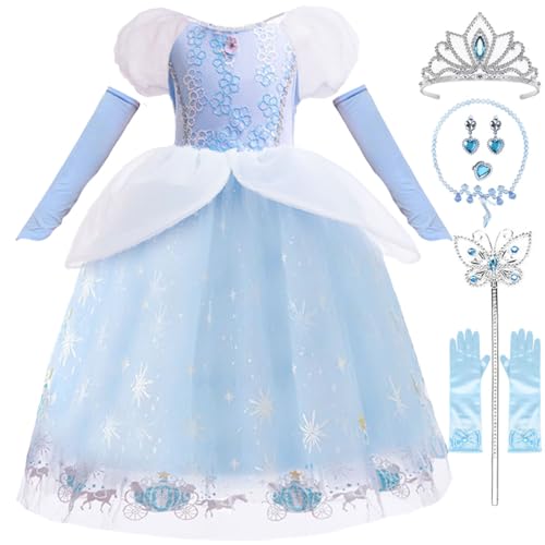 Tyidalin Aschenputtel Kostüm Prinzessin Cinderella Kleid für Mädchen Kinder Halloween Karneval Party Verkleidung, Blau, 134-140(Etikett 140) von Tyidalin