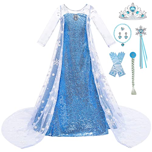 Tyidalin Prinzessin ELSA Kostüm Mädchen Eiskönigin ELSA Kleid Kinder Cosplay Karneval Halloween Party Geburtstag, Blau, 116-122(Etikett 120) von Tyidalin