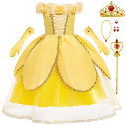 Tyidalin Prinzessin Kleid Mädchen Belle Faschingskostüme Kinder für Karneval Halloween Geburtstag Weihnachten Verkleidung Party, Gelb, 116-122(Etikett 120) von Tyidalin