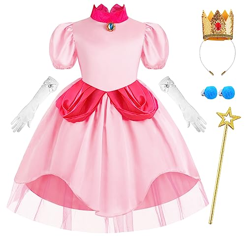 Tyidalin Prinzessin Peach Kostüm Mädchen Pfirsich Kleider Puffärmel Kinder Cosplay Set Halloween Weihnachten Fasching Karneval Verkleidung, 104-110(Etikett 110) von Tyidalin