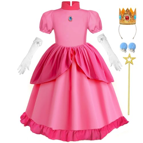 Tyidalin Prinzessin Peach Kostüm Mädchen Pfirsich Kleider Puffärmel Kinder Cosplay Set Halloween Weihnachten Fasching Karneval Verkleidung, Rote Rosa, 134-140(Etikett 140) von Tyidalin