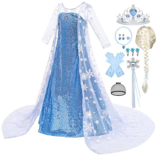 Tyidalin Prinzessinen Kleid fur Mädchen Schneekönigin Kostüm Kinder Kleider Cosplay Karneval Party Geburtstag ELSA Kleid, Blau mit Zubehör, 104-110(Etikett 110) von Tyidalin