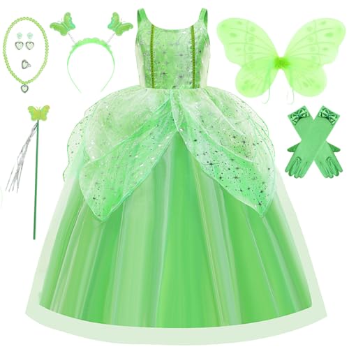 Tyidalin Tinkerbell Kostüm mit Flügeln Kinder Mädchen Grün Fee Prinzessin Kleid Set für Halloween Karneval Geburtstag Weihnachten, Grün, 116-122(Etikett 120) von Tyidalin