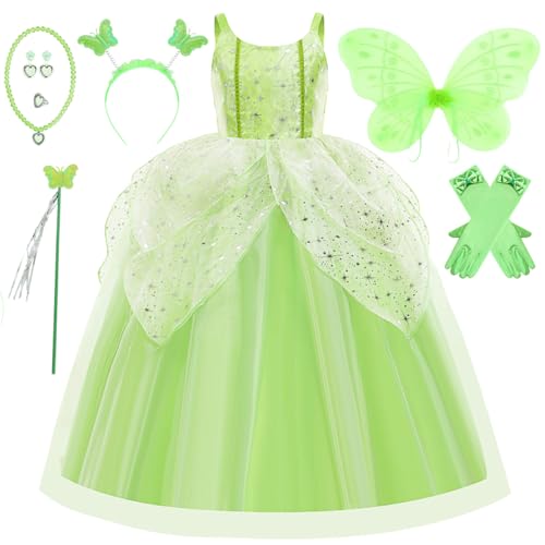 Tyidalin Tinkerbell Kostüm mit Flügeln Kinder Mädchen Grün Fee Prinzessin Kleid Set für Halloween Karneval Geburtstag Weihnachten, Hellgrün, 134-140(Etikett 140) von Tyidalin