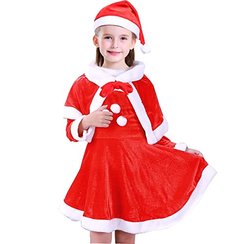 Tyidalin Weihnachtsfrau Kleid Mädchen Kinder Santa Weihnachtsmann Kostüm Set Baby Weihnachten mit Hut Cosplay Party, 128-134(Etikett 130) von Tyidalin