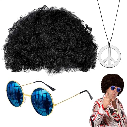 Hippie Kostüm Set, Hippie Accessoires, Afro Perücke, Hippie Perücke Herren Disco-Perücken-Set Jahre Perücke Disco Hippie Kostüm Set, Für Cosplay Halloween Kostüm Thema von Tyinerc