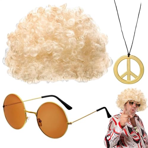 Hippie Kostüm Set, Hippie Accessoires, Afro Perücke, Hippie Perücke Herren Disco-Perücken-Set Jahre Perücke Disco Hippie Kostüm Set, Für Cosplay Halloween Kostüm Thema von Tyinerc