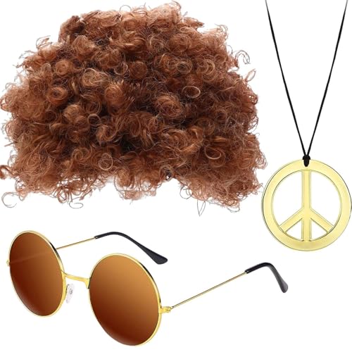 Hippie Kostüm Set, Hippie Accessoires, Afro Perücke, Hippie Perücke Herren Disco-Perücken-Set Jahre Perücke Disco Hippie Kostüm Set, Für Cosplay Halloween Kostüm Thema von Tyinerc