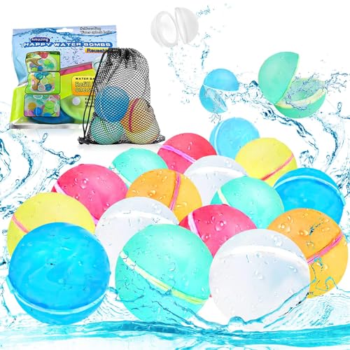 16 Stück Wiederverwendbare Wasserballons, Silikon Wasserbomben Selbstdichtend, Wasserbomben Wiederverwendbar Magnet für Kinder Erwachsene, Schnell Befüllbare Weiche Wasserbomben für Outdoor Wasserpark von Tylices