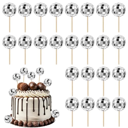 Tyqour 24 Stück Discokugel Tortendeko Kuchen Toppers Mini Disco Kugeln Toppers Cupcake Kuchentopper Deko für Geburtstags Kuchendekoration Disco 70er 80er 90er Party (Silber) von Tyqour