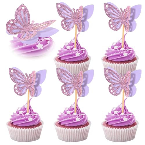 Tyqour 48 Stück Schmetterling Tortendeko Glitter Butterfly Cupcake Topper Lila Schmetterling Kuchen Deko 3D Schmetterling Kuchen Topper Muffin Deko für Geburtstag Hochzeit Party Kuchen Party von Tyqour