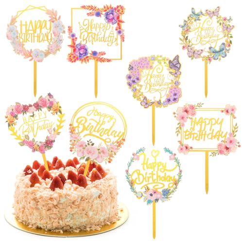 Tyqour 8 Stück Happy Birthday Tortendeko Gold Acryl Glitter Cupcake Topper Kuchen Deko Geburtstag Girlande Herze Sternen Cake Topper, Happy Birthday Deko für Mädchen, Kinder, Mutter Geburtstag von Tyqour