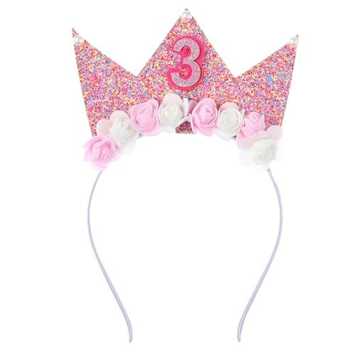 Tyqour Glitter 3 Jahr Geburtstagskrone Baby, Prinzessin Krone Geburtstag Stirnband mit Rose Blumen, Krone Mädchen 3 Jahre, 3 Geburtstag Kronen Mädchen Stirnband für Baby Kinder Geburtstag Party von Tyqour