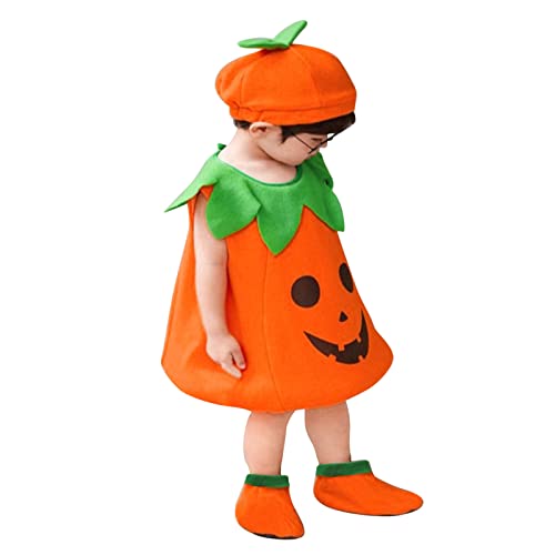 Tyuffghet Baby Kürbis Kostüm Kinder Jungen Kleidung Ärmellose Kürbis Weste Tops Mit Hut Schuhe Socken Halloween Outfits Kostüme Set (Orange-A, 0-6 Months) von Tyuffghet
