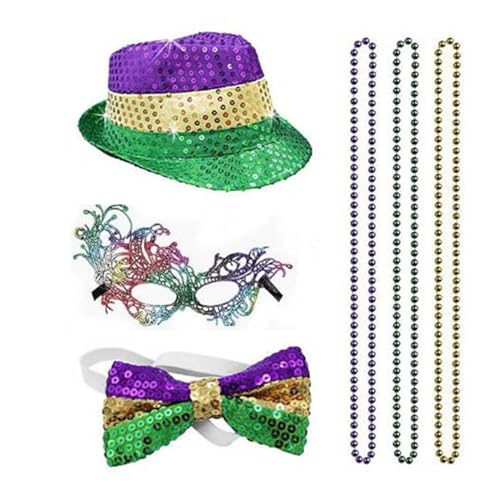 Tyuffghet Mardi Gras Kostüm Damen Zubehör Set, Karneval Pailletten Hut 3 Stück Perlen Halskette Karneval Strapse und Fliege Kunstfeder Halbmaske (Color B) von Tyuffghet