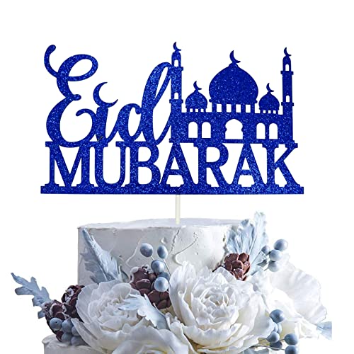 TzTwodcaz Eid Mubarak Tortenaufsatz – Happy Eid, muslimische Islam-Partydekorationen – blauer Glitzer Ramadan Kareem, Hajj Mubarak Eid Festival Party Dekorationen Zubehör von TzTwodcaz