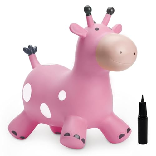 U&C Planet Hüpftier für Kinder Aufblasbare Giraffe Rosa Giraffe Hüpfer mit Handpumpe,Sprungpferd Hüpfspielzeug Geschenk für Kinder Alter 1-6 von U&C Planet