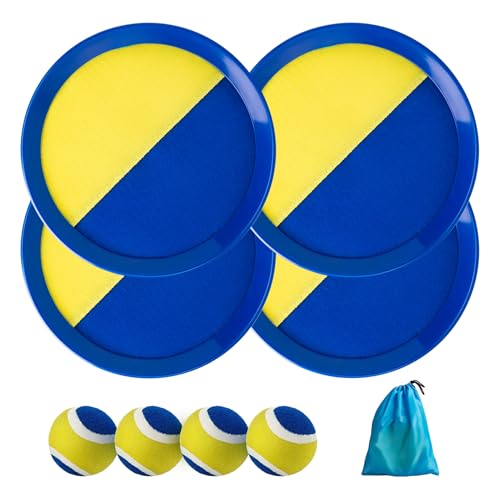 U&C Planet Klettballspiel Wurfspiel Wasserdicht Ball Kinder 3-12 Jahre 2er Set Strandbälle Klettball 4 Paddel & 4 Bälle mit 1 Aufbewahrungstasche Toss und Catch Ball Familie Outdoor , blau und gelb von U&C Planet