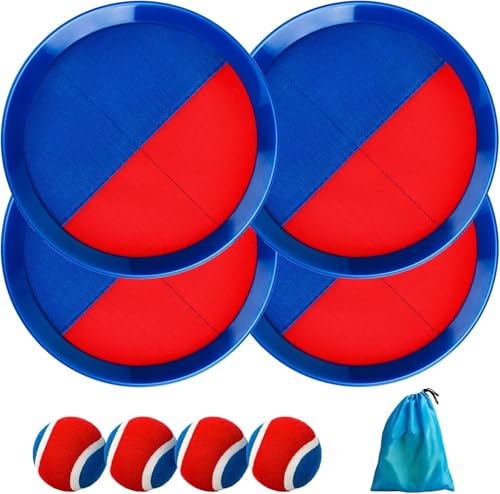 U&C Planet Klettballspiel Wurfspiel Wasserdicht Ball Kinder 3-12 Jahre alt 2er Set Strandbälle 4 Paddel & 4 Bälle mit 1 Aufbewahrungstasche Toss und Catch Ball Familie Outdoor Spiele, blau und rot von U&C Planet