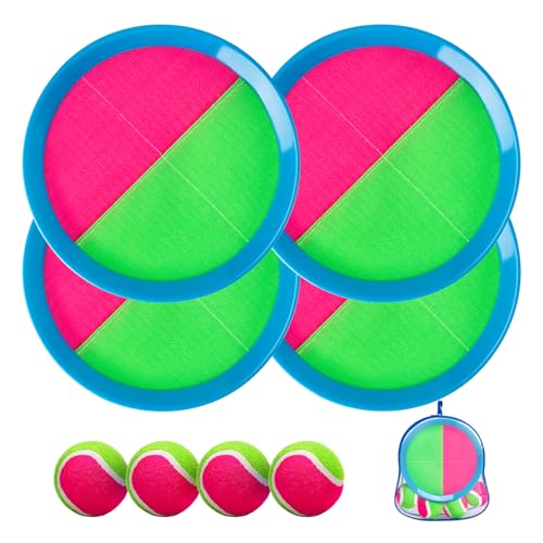 U&C Planet Klettballspiel Wurfspiel Wasserdicht Ball Kinder 3-12 Jahre alt 2er Set Strandbälle 4 Paddel & 4 Bälle mit 1 Aufbewahrungstasche Toss und Catch Ball Familie Outdoor Spiele, rosa und grün von U&C Planet