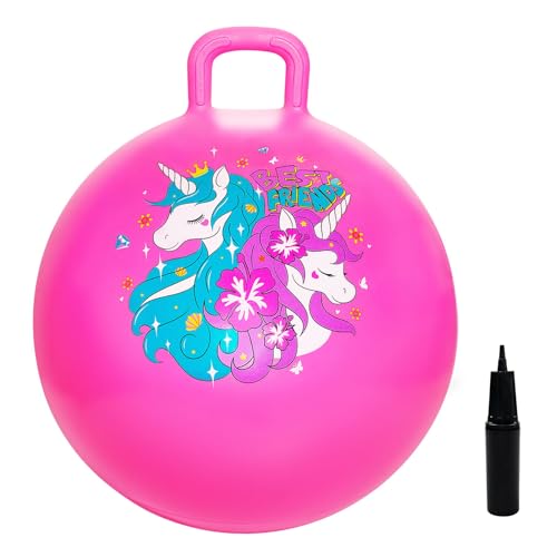 U&C Planet Sprungball 45 cm Hüpfball mit Pumpe 18 Zoll Hopper Ball für Kinder ab 3 Jahre aufblasbare Space Hoppers Jump Ball Drinnen & Draußen, Einhorn rosa von U&C Planet