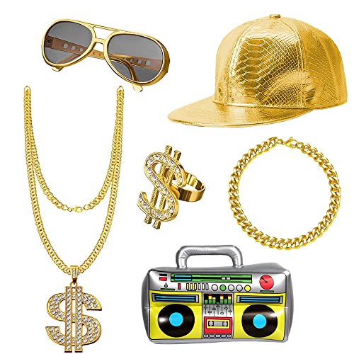 UBERMing Hip Hop Kostüm 6er Set Enthält Aufblasbare Radio Boombox Golden Baseball Cap Personalisiert Goldene Dollar Kette Brille Armband & Ring 80er 90er Jahr Rapper Zubehör für Fasching Karneval von UBERMing