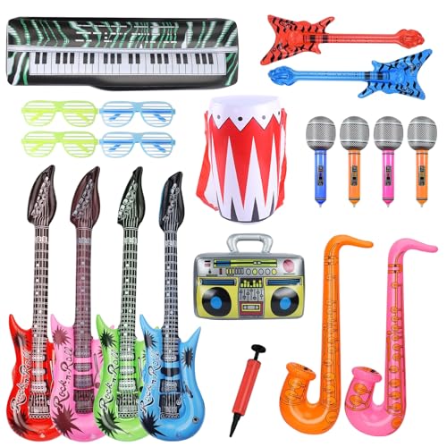 UBETTER Aufblasbare Rock Star Toys Set, 20 Pcs Aufblasbare Instrumente, Dekoration Karneval Party luftgitarren zum Aufblasen, Bass, Saxophon, Mikrofone, Keyboards, Drum & Party Brille für Kinder von UBETTER