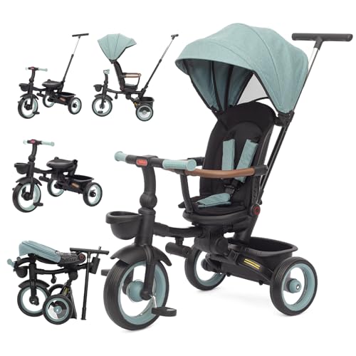 6-in-1-Kinderwagen, Dreirad, Lernfahrrad für Kleinkinder, abnehmbares Geländer, verstellbares Verdeck, Sicherheitsgurt, Klapppedal, Aufbewahrungskorb, Bremse (Grün) von UBRAVOO