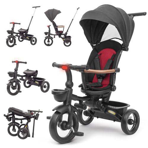 6-in-1-Kinderwagen, Dreirad, Lernfahrrad für Kleinkinder, abnehmbares Geländer, verstellbares Verdeck, Sicherheitsgurt, Klapppedal, Aufbewahrungskorb, Bremse (Khaki) von UBRAVOO