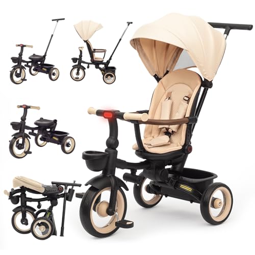 6-in-1-Kinderwagen, Dreirad, Lernfahrrad für Kleinkinder, abnehmbares Geländer, verstellbares Verdeck, Sicherheitsgurt, Klapppedal, Aufbewahrungskorb, Bremse (Schwarz) von UBRAVOO