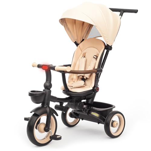 UBRAVOO Baby Dreirad,7-in-1 Klappdreirad für Kinder ab 6 Monaten bis 5 Jahr, Scheinwerfer,Bremspedal,Erweitertes Verdeck,Abnehmbares Geländer,Geländegängiger Kinderwagen mit Lauf- und Lenkfunktion von UBRAVOO