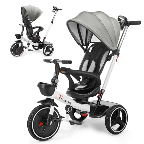 UBRAVOO Baby Dreirad mit Schubstange, 6-in-1-Baby-Push-Bike-Lenk-Kinderwagen, Lernendes Kinderdreirad/Abnehmbare Leitplanke, Verstellbares Verdeck, Sicherheitsgurt, Stoßdämpfungsdesign von UBRAVOO