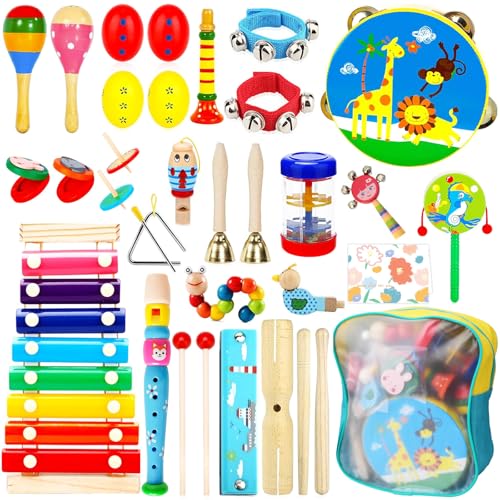 UCAMP 34 Stück Musikinstrumente für Kinder,Musical Instruments Set,Percussion Instrumente Kinder,Holz Montessori Instrumente Kinder,Kinder Instrumente Trommel,Musikinstrumente Kinder Set von UCAMP