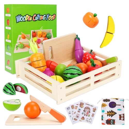 UCAMP Kinderküche Spielküche Zubehör aus Holz - Kinderküche Zubehör - Holzspielzeug mit Obst & Gemüse zum Schneiden,Lernspielzeug für Rollenspiele - Geschenk für Kinder von UCAMP